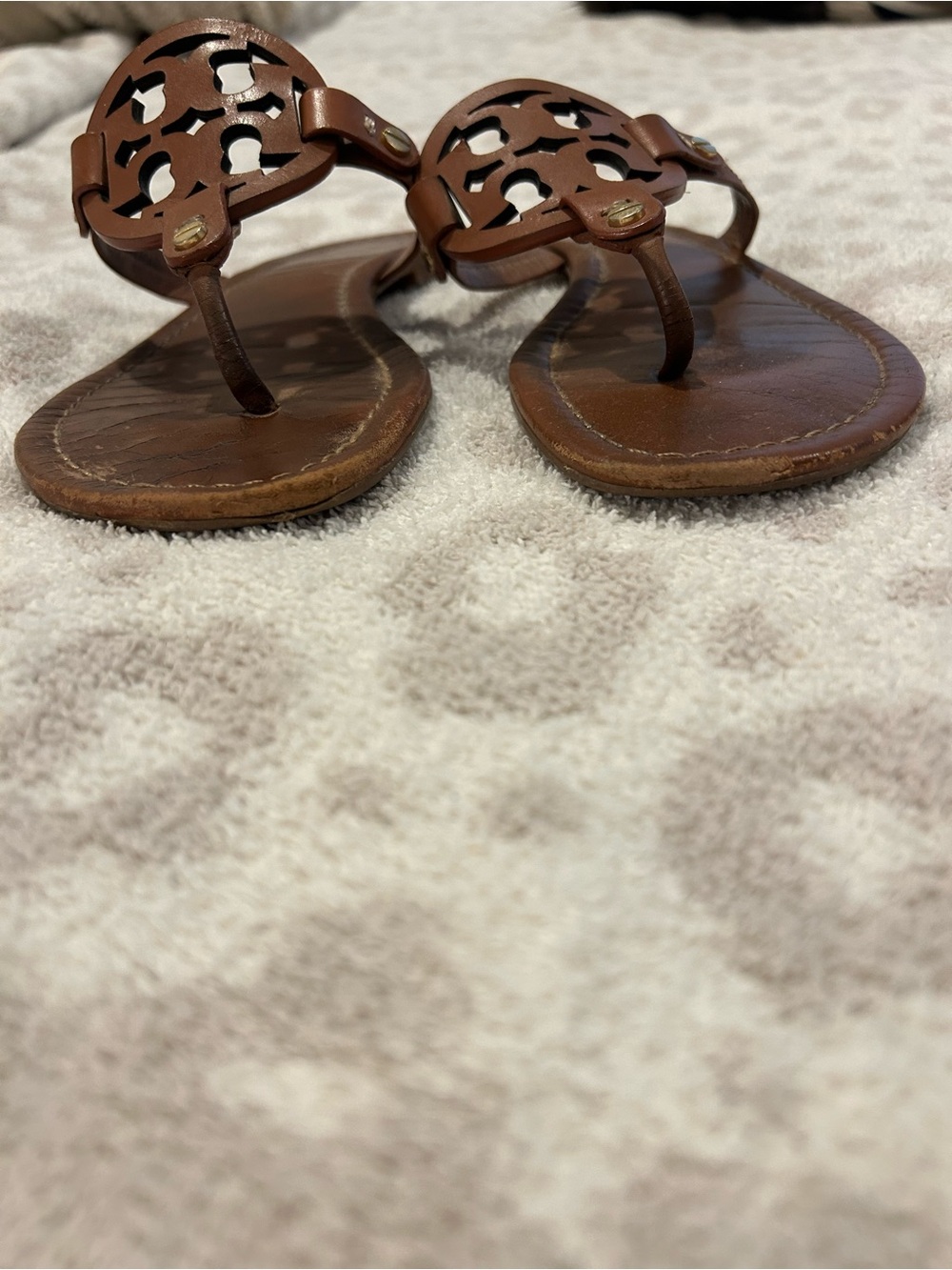 Tory Burch Brown Leather Logo Cutout Thong Sandals